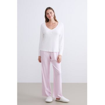 Pijama cu pantaloni lungi - decolteu rotund si model uni - Alb/Roz
