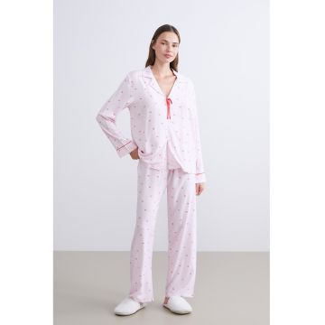 Pijama cu pantaloni lungi - model si revere decupate - Roz deschis