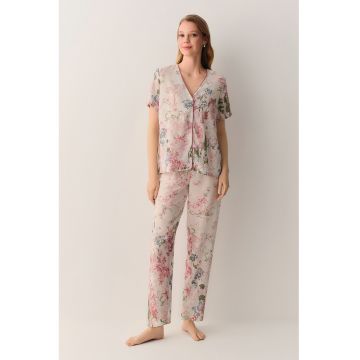 Pijama cu pantaloni lungi si decolteu in V - Verde/Roz/Albastru