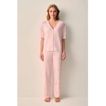 Pijama cu pantaloni lungi si imprimeu floral - Alb/Roz pastel