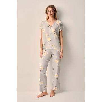 Pijama cu pantaloni lungi si imprimeu floral - Gri/Galben pal