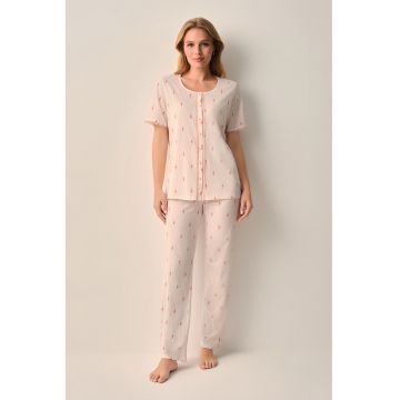 Pijama cu pantaloni lungi si imprimeu floral - Rosu corai/Bej deschis