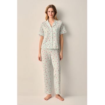 Pijama cu pantaloni lungi si imprimeu floral - Turcoaz/Rosu corai