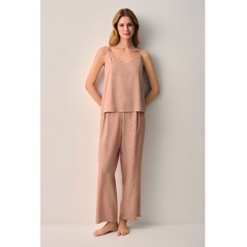 Pijama cu pantaloni lungi si model tropical - Maro taupe