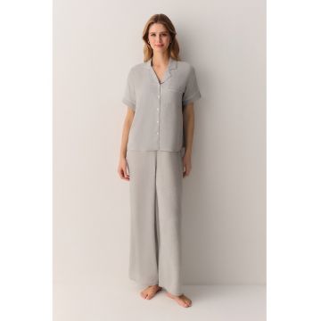 Pijama cu pantaloni lungi si revere decupate - Gri
