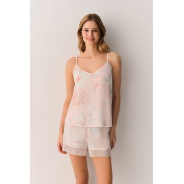 Pijama cu pantaloni scurti - model floral si garnitura din dantela - Gri deschis/Roz