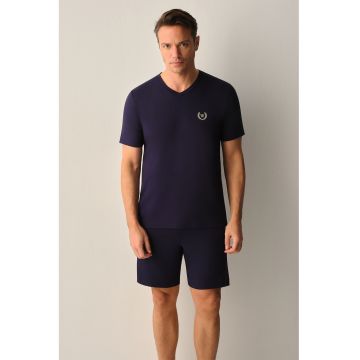 Pijama cu pantaloni scurti si decolteu in V - Bleumarin