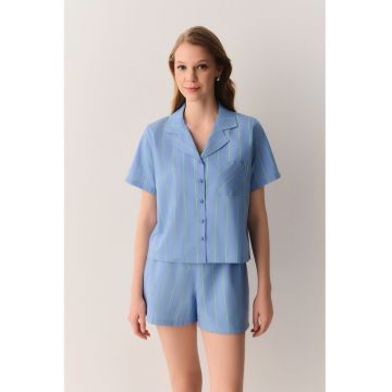 Pijama cu pantaloni scurti si dungi - Albastru prafuit
