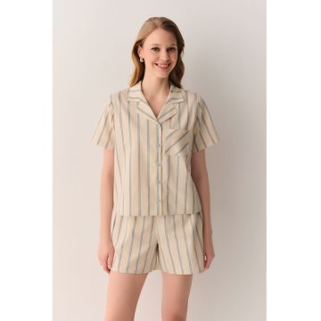 Pijama cu pantaloni scurti si dungi - Galben pal/Albastru