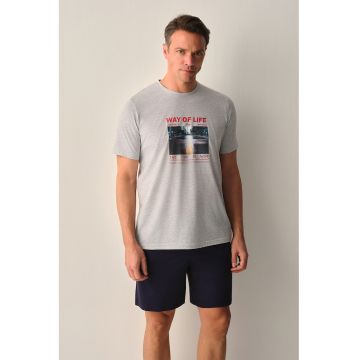 Pijama cu pantaloni scurti si imprimeu - Albastru indigo/Gri deschis melange