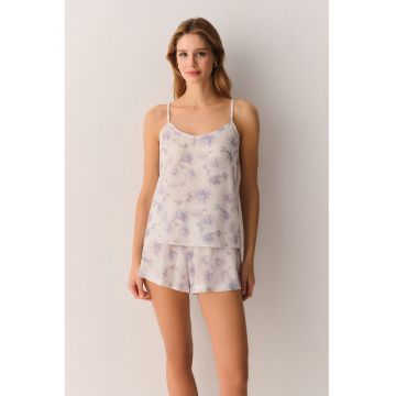 Pijama cu pantaloni scurti si imprimeu floral - Bej deschis/Violet pastel