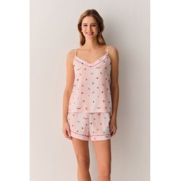 Pijama cu pantaloni scurti si imprimeu grafic - Rosu/Roz/Albastru