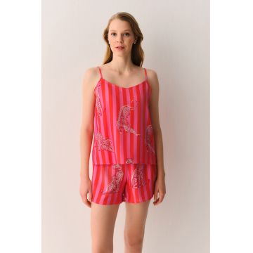 Pijama cu pantaloni scurti si imprimeu - Rosu vermillion/Roz