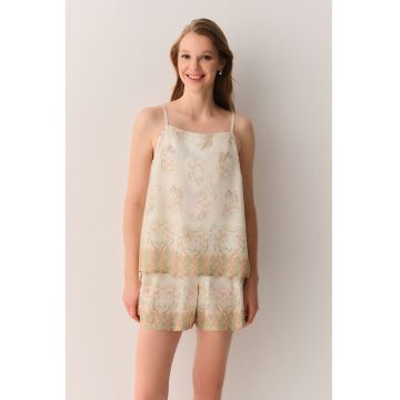 Pijama cu pantaloni scurti si model - Bej/Roz/Verde persan