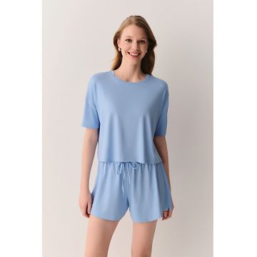 Pijama cu pantaloni scurti si model uni - Albastru prafuit
