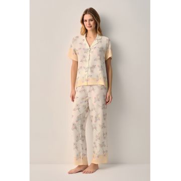 Pijama cu pantaloni si camasa cu model floral - Lila/Crem