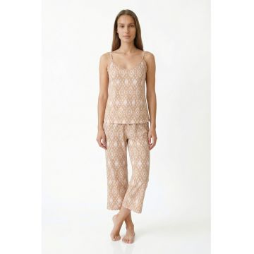 Pijama cu talie elastica si model - Alb murdar/Bej deschis