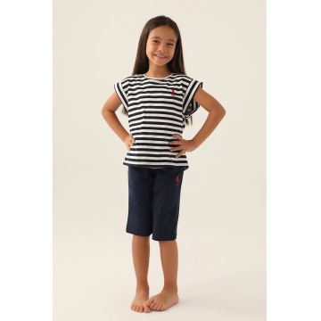 Pijama de bumbac cu dungi - Alb/Bleumarin
