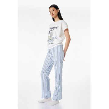 Pijama de bumbac cu dungi si imprimeu grafic - Albastru pastel/Alb murdar