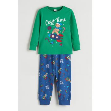 Pijama de bumbac cu tematica de Craciun - Verde/Albastru