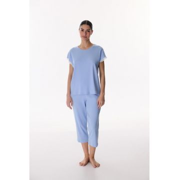 Pijama din amestec de bumbac cu model uni - Albastru azur