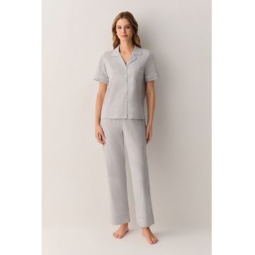 Pijama din amestec de bumbac cu nasturi - Alb/Gri deschis melange