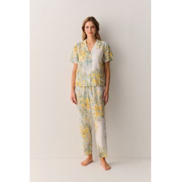 Pijama din amestec de modal cu pantaloni lungi si model floral - Alb/Verde/Galben