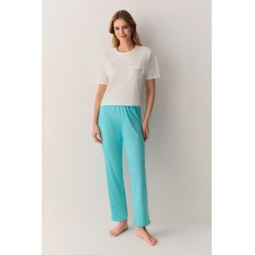 Pijama din bumbac cu buzunar pe piept - Alb/Turcoaz inchis
