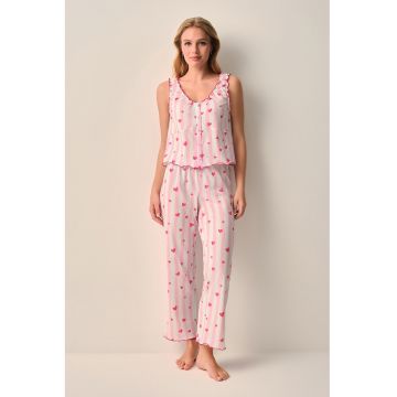 Pijama din bumbac cu dungi si imprimeu inimi - Roz -