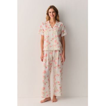 Pijama din bumbac cu imprimeu floral - Alb murdar/Roz