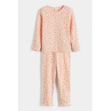 Pijama din bumbac cu imprimeu floral - Portocaliu pal