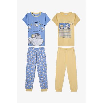 Pijama din bumbac cu imprimeu grafic - Alb/Galben pai/Albastru