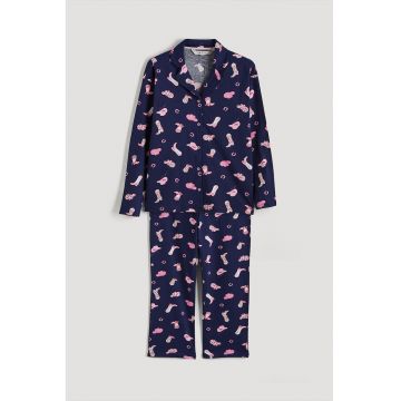 Pijama din bumbac cu imprimeu - Roz pastel/Bleumarin