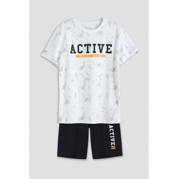 Pijama din bumbac cu imprimeu text - Alb/Negru