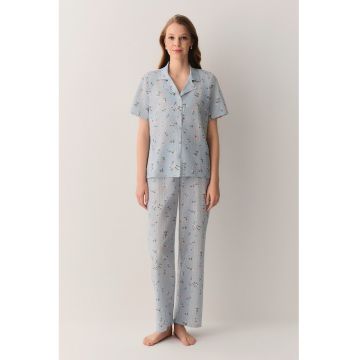 Pijama din bumbac cu maneci scurte si model floral - Verde/Roz/Albastru