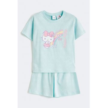 Pijama din bumbac cu pantaloni scurti si imprimeu Hello Kitty - Albastru glaciar