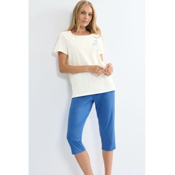 Pijama din bumbac cu pantaloni trei sferturi - Albastru pastel/Alb murdar