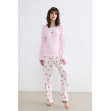 Pijama lejera cu imprimeu cu funda - Roz deschis/Roz pastel/Alb optic