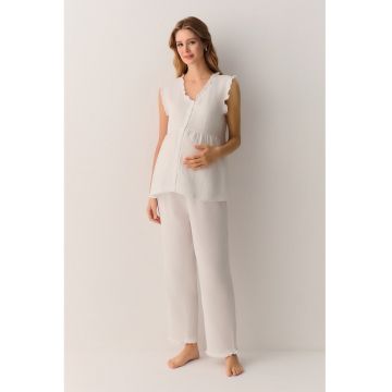 Pijama lunga din bumbac pentru gravide - Alb