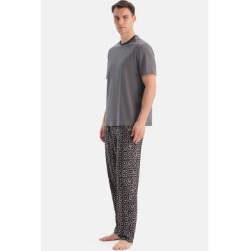 Pijama lunga din bumbac si modal - Negru/Gri