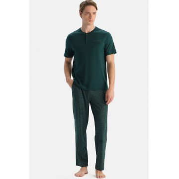 Pijama lunga din bumbac si modal - Verde englez