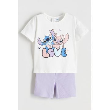 Pijama scurta cu imprimeu Stitch&Angel - Alb/Albastru lavanda/Lila