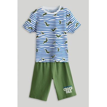 Pijama scurta cu model crocodil - Albastru royal/Verde masliniu/Alb optic
