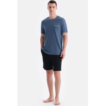 Pijama scurta din amestec de modal cu terminatii contrastante - Negru/Albastru prafuit