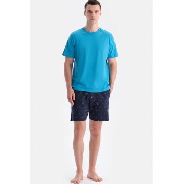 Pijama scurta din bumbac cu buzunare - Albastru glaciar/Bleumarin