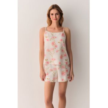 Pijama scurta din bumbac cu imprimeu floral - Alb murdar/Roz
