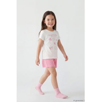 Pijama scurta din bumbac cu talie elastica - Alb/Roz pastel