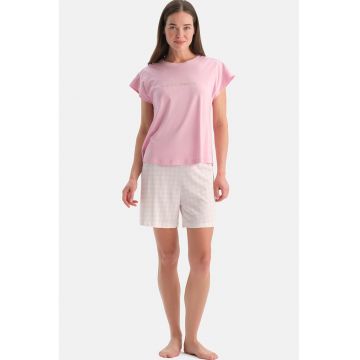 Pijama scurta din bumbac si modal - Alb/Roz pastel