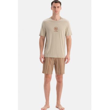 Pijama scurta din bumbac si modal - Bej deschis/Ocru