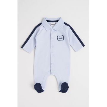 Salopeta de pijama din bumbac cu pantaloni lungi si botosei - Albastru deschis/Bleumarin